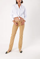 Beige leather and zip deatail denim pants 40799
