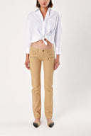 Beige leather and zip deatail denim pants 40799