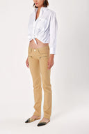 Beige leather and zip deatail denim pants 40799