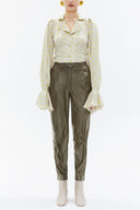 Khaki Elastic faux leather pants 41515
