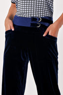 Navy Blue RIB AND BUCKLE DETAILED VELVET PANTS 41262