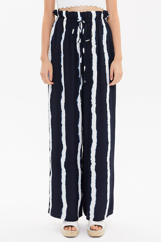 - Bol Kesim Beli Lastikli Pantalon 41369 Lacivert-beyaz Çizgili