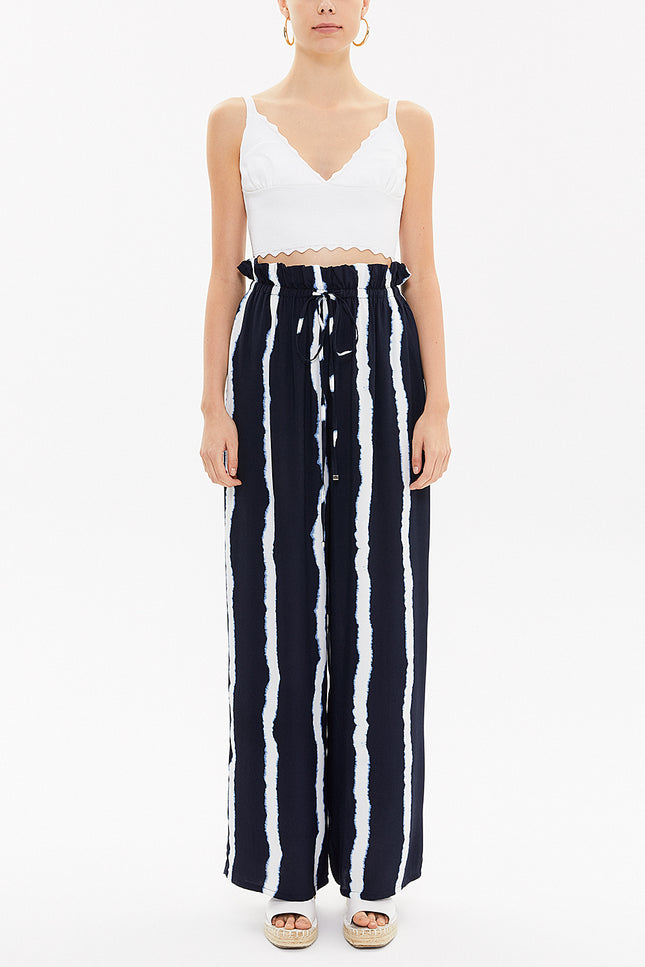 - Bol Kesim Beli Lastikli Pantalon 41369 Lacivert-beyaz Çizgili