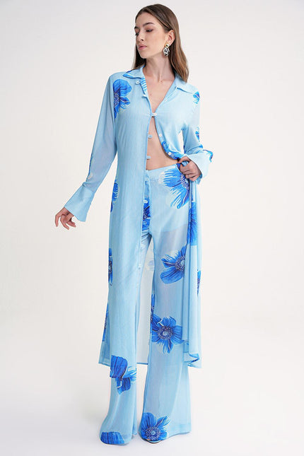 Blue Pleated wide leg trousers with elastic waist 41679
