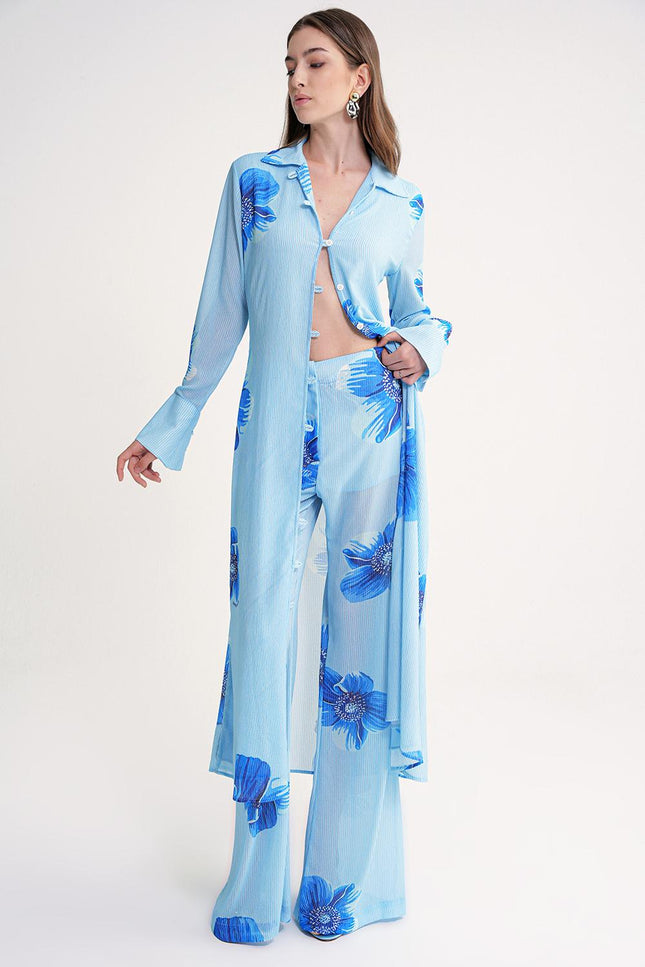 Blue Pleated wide leg trousers with elastic waist 41679