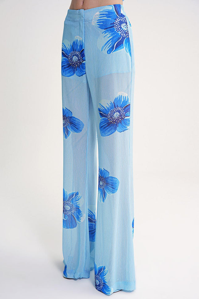 Blue Pleated wide leg trousers with elastic waist 41679