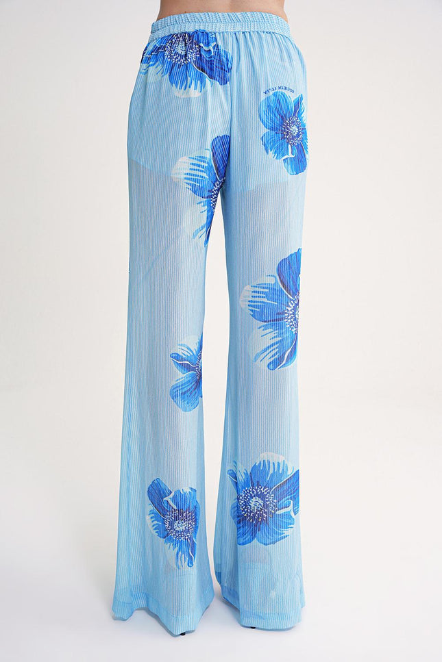 Blue Pleated wide leg trousers with elastic waist 41679