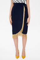 Navy Blue Wrap-over tassel skirt  81071
