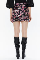 Black Background Floral Printed Pleated Slim fit midi skirt 81123