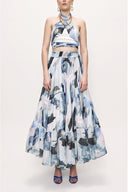 Navy Blue Pleated long skirt with elastic waist 81190