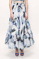 Navy Blue Pleated long skirt with elastic waist 81190