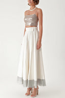 Ecru Zippered flowy skirt with metallic fabric garnish 81226