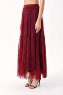 Burgundy Elastic waist pleated long tulle skirt 81235