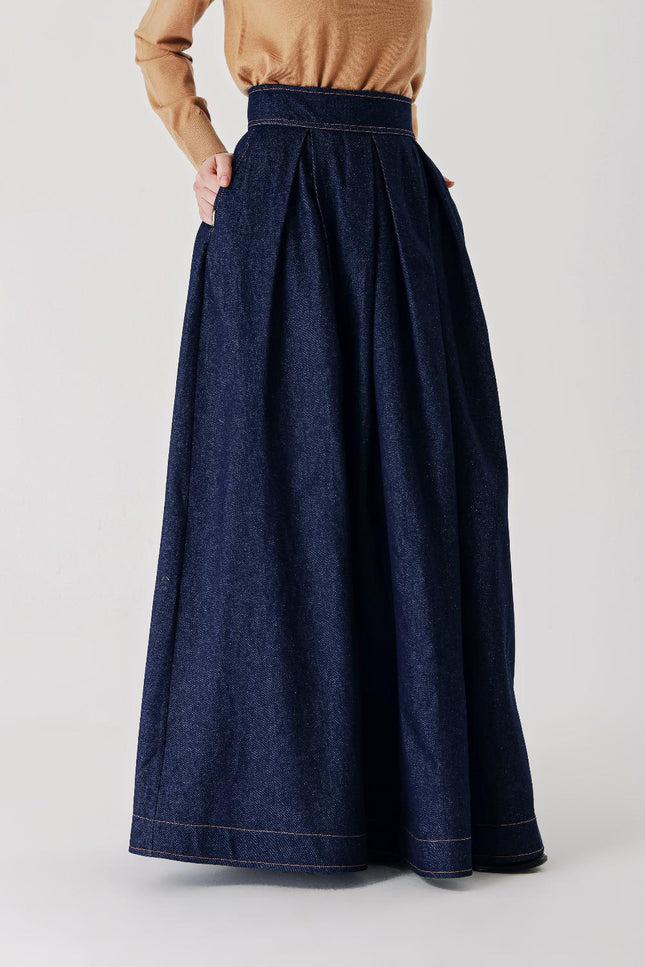 Navy Blue Long ruffled denim skirt 81288