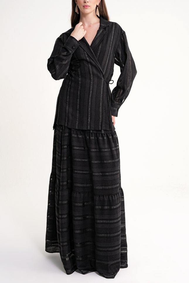 Black Gathered long skirt with elastic waist 81319