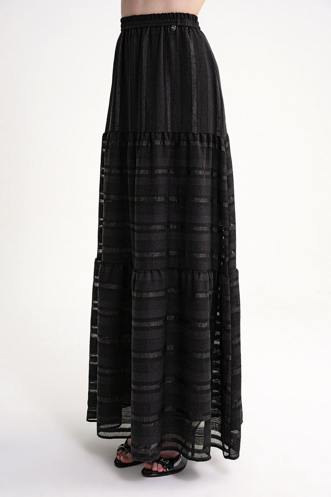 Black Gathered long skirt with elastic waist 81319