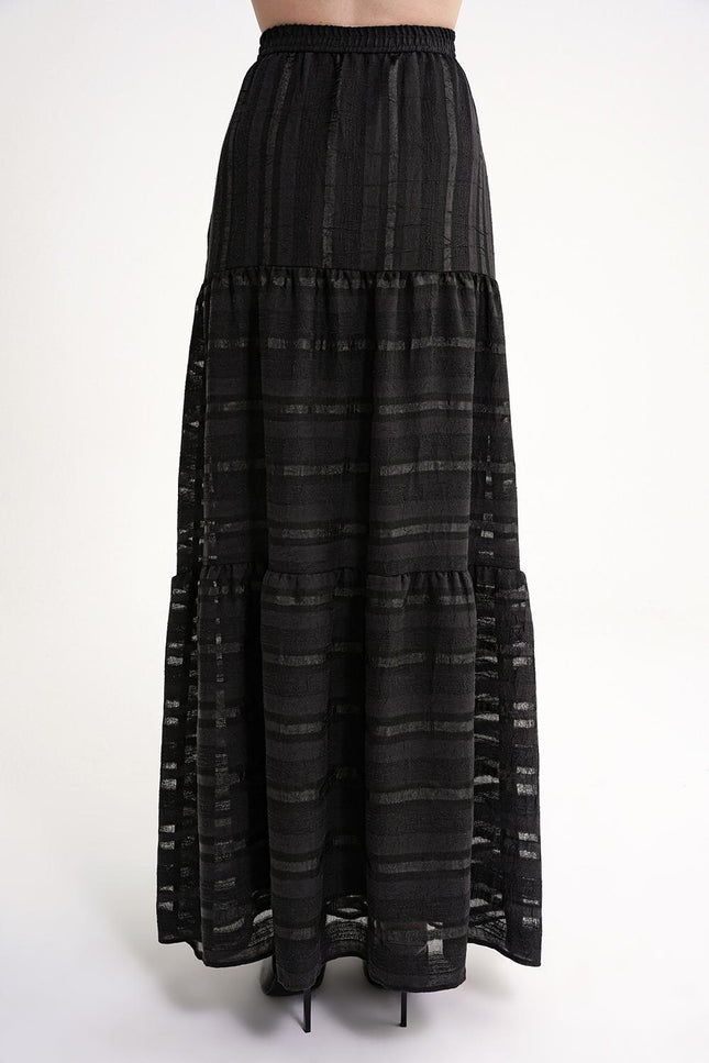 Black Gathered long skirt with elastic waist 81319