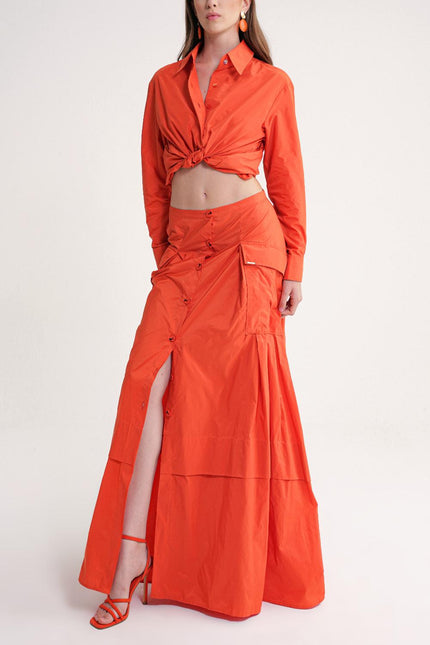 Orange Gathered button detailed skirt 81321