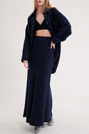 Navy Blue Elastic waist long skirt 81338