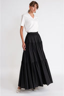 Black Elastic waist pleated long skirt 81347