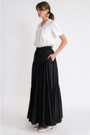 Black Elastic waist pleated long skirt 81347