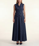 Navy Blue Long skirt with elastic waist and pleated detail 81356