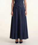 Navy Blue Long skirt with elastic waist and pleated detail 81356