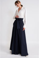 Navy Blue High-waisted long skirt with pleat detail and lace-up 81375