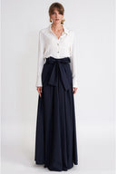 Navy Blue High-waisted long skirt with pleat detail and lace-up 81375
