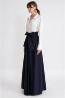 Navy Blue High-waisted long skirt with pleat detail and lace-up 81375