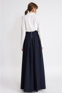 Navy Blue High-waisted long skirt with pleat detail and lace-up 81375