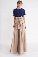 Beige High-waisted long skirt with pleat detail and lace-up 81375