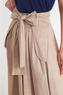 Beige High-waisted long skirt with pleat detail and lace-up 81375