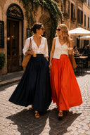 Orange High waist elastic and zipper detailed long skirt 81380