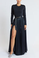 Black High-waisted long skirt with metal accessory and ruching detail 81381