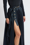 Black High-waisted long skirt with metal accessory and ruching detail 81381
