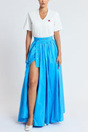 Blue High-waisted long skirt with metal accessory and ruching detail 81381