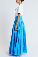 Blue High-waisted long skirt with metal accessory and ruching detail 81381