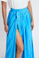Blue High-waisted long skirt with metal accessory and ruching detail 81381