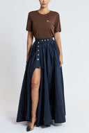 Navy Blue High-waisted long skirt with metal accessory and ruching detail 81381