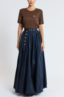Navy Blue High-waisted long skirt with metal accessory and ruching detail 81381