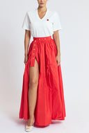 Red High-waisted long skirt with metal accessory and ruching detail 81381