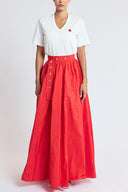 Red High-waisted long skirt with metal accessory and ruching detail 81381