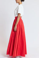 Red High-waisted long skirt with metal accessory and ruching detail 81381