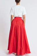 Red High-waisted long skirt with metal accessory and ruching detail 81381