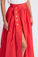 Red High-waisted long skirt with metal accessory and ruching detail 81381