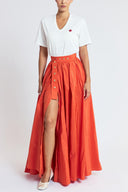 Orange High-waisted long skirt with metal accessory and ruching detail 81381