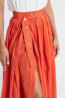 Orange High-waisted long skirt with metal accessory and ruching detail 81381