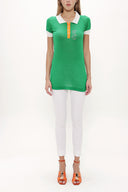 Green Knit neck woven  blouse  18755