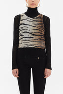 Camel Hair Printed satin  fabric knit  sleeveless blouse  28496